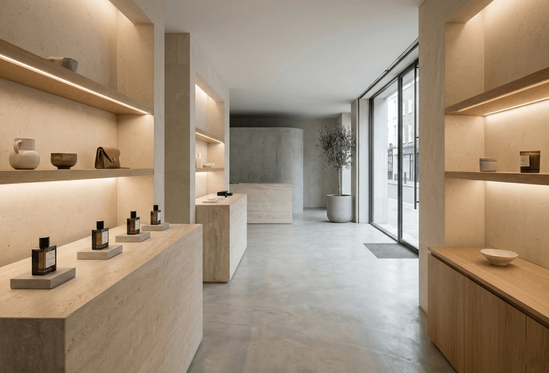 Agencement sur-mesure d'une boutique haut de gamme avec étagères en bois clair et présentoirs minéraux — Paris 3e