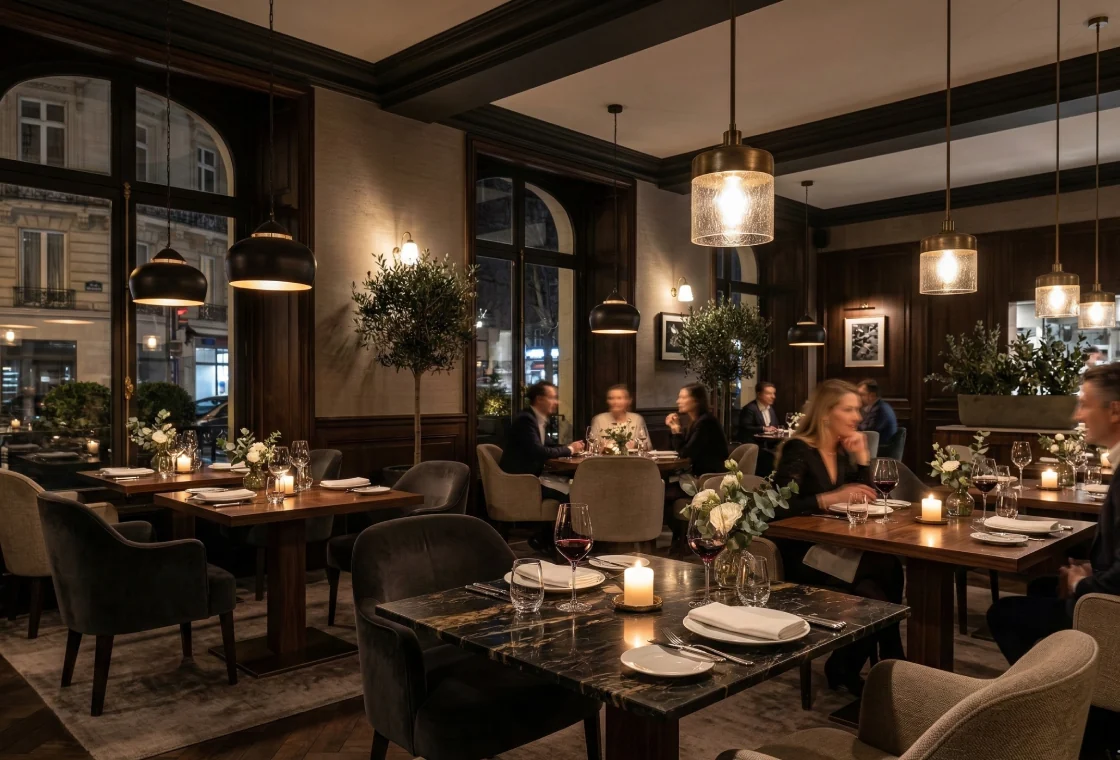 Agencement sur-mesure de restaurant haut de gamme avec boiseries sombres — Paris 8e